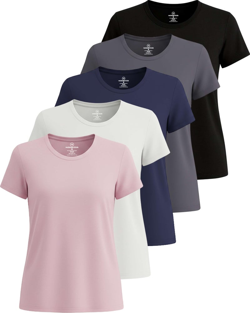 REALESSENTIALS Real Essentials 5 Pack: Women's Short Sleeve T-Shirts Workout Tops Fitness Pilates Gym Activewear Athletic (Plus Available), Set 6, XXL, Pack of 5 - Image 1